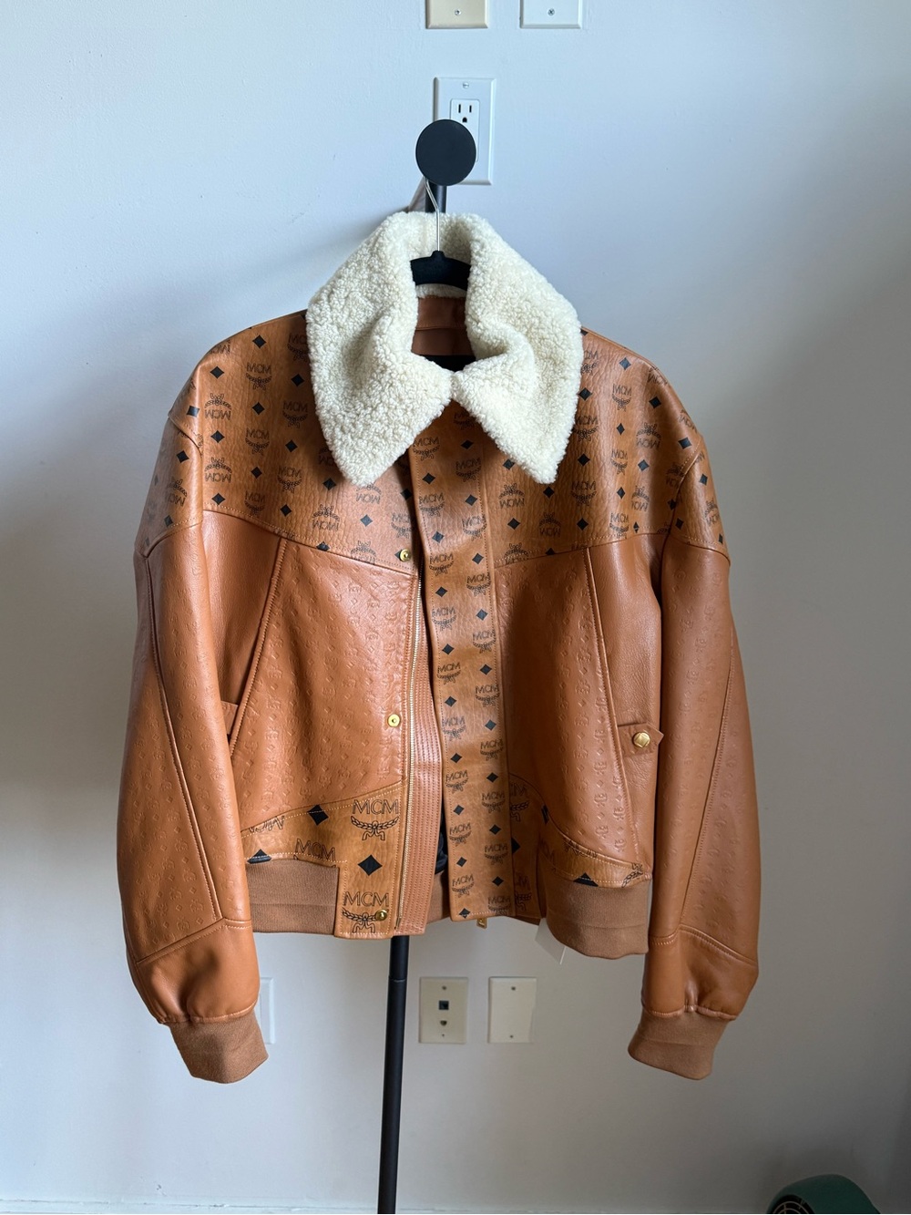 MCM Shearling Bomber Jacket In Visetos Leather Mix
